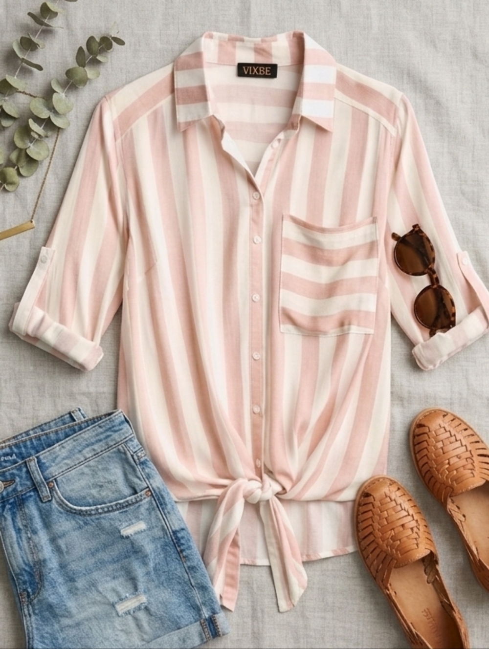VIXBE Striped Rayon Tie Front Top Blush White